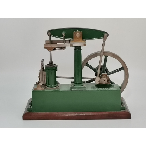 67 - A Stuart live steam stationary beam engine on wooden plinth, painted green. Base approx. 35.5cm by14... 