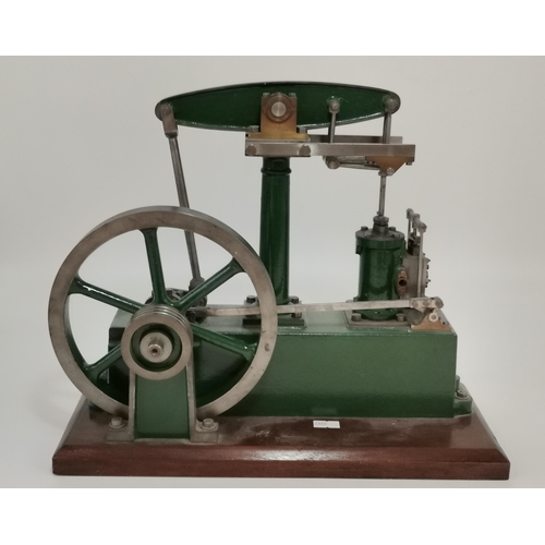 67 - A Stuart live steam stationary beam engine on wooden plinth, painted green. Base approx. 35.5cm by14... 