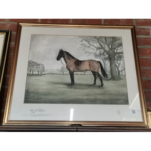 103 - D. S. Vaux (20th Century), 'Quiver', watercolour of a hunter standing in grassy parkland, signed and... 