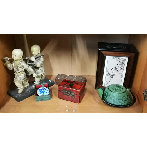 110 - A collection of Chinese items including vintage Chinese resin figure of children carrying water, Gre... 