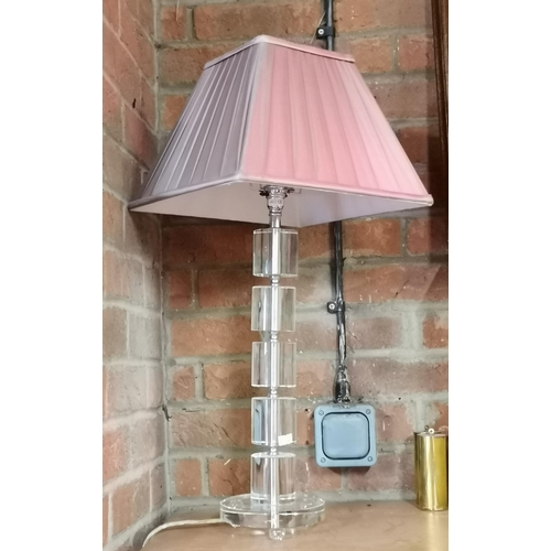 118 - A modern sectional cylindrical glass table lamp with grey square shade. 40cm high excl. fitting