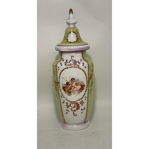 22 - An opaline glass garniture, comprising a large vase and cover together with two smaller vases, each ... 