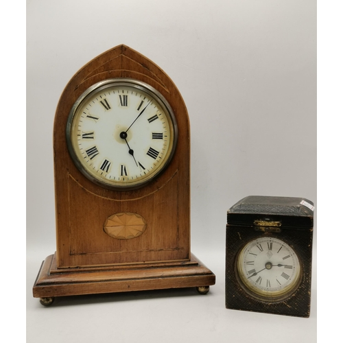 84 - Edwardian mahogany Inlaid mantel clock, plus Small drum cased mantel clock in leather travel case by... 