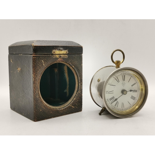 84 - Edwardian mahogany Inlaid mantel clock, plus Small drum cased mantel clock in leather travel case by... 