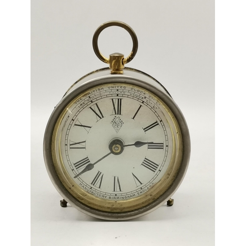 84 - Edwardian mahogany Inlaid mantel clock, plus Small drum cased mantel clock in leather travel case by... 