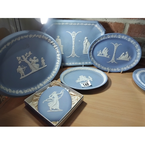 148 - A Collection of Wedgwood Jasperware Blue trays including Oval tray Cupid and Psyche 25cm x 19cm, Sma... 