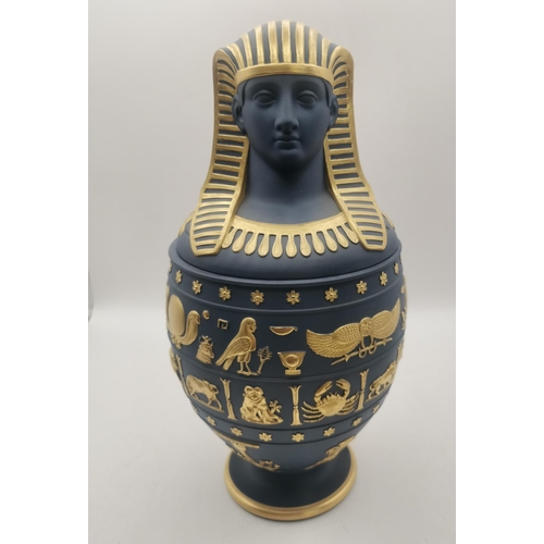 4 - A 'Genius of Wedgwood' Egyptian Revival canopic vase, 1997, Portland blue Jasperware with gilded bas... 