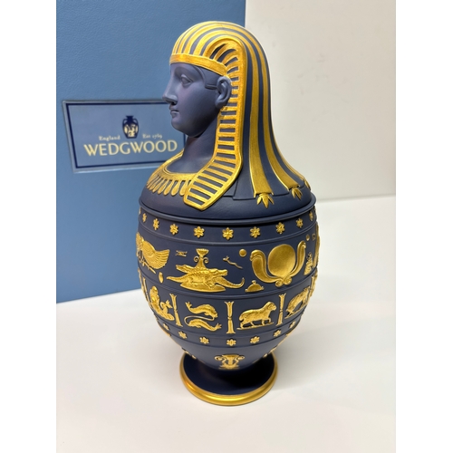 4 - A 'Genius of Wedgwood' Egyptian Revival canopic vase, 1997, Portland blue Jasperware with gilded bas... 