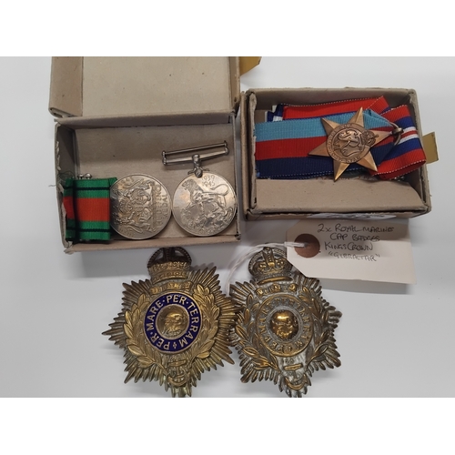 730 - X2 Royal Marine Cap Badges 'Kings Crown Gibraltar' plus WWII Medals Mr S.G Dutton and Mrs E Dutton