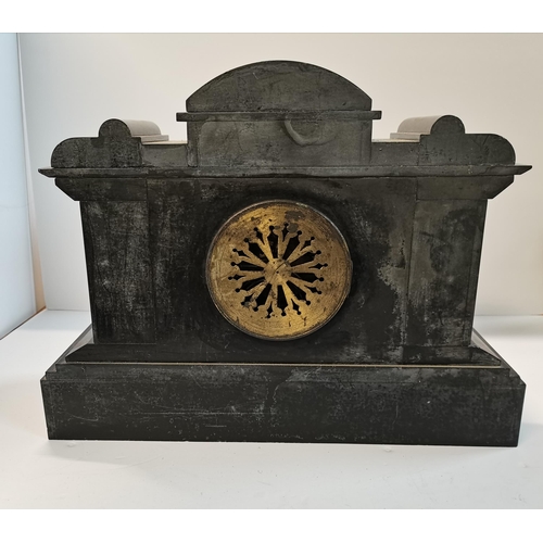 10 - Antique stone and marble renaissance revival mantel clock Length 46cm Height 35cm (damage to glass)