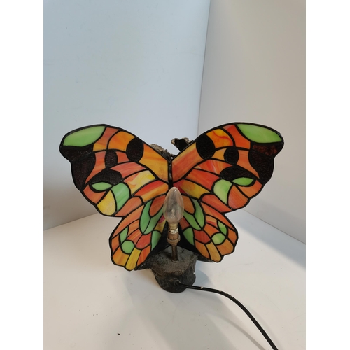 16 - Vintage bronze-finish statue / lamp of fairy holding large rose.  Stained glass butterfly wings 28cm... 