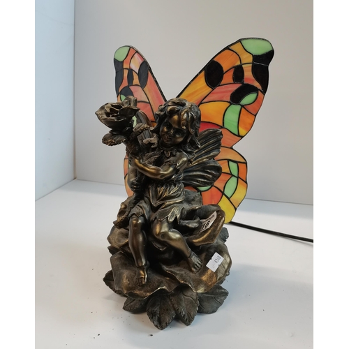 16 - Vintage bronze-finish statue / lamp of fairy holding large rose.  Stained glass butterfly wings 28cm... 