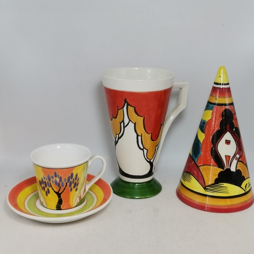 228 - Three Clarice Cliff items - coffee cup and saucer Windbells' patter, Sugar Sifter and Cup