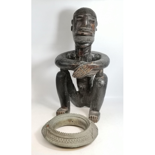232 - A Seated African Carved Figure plus 18/19c African Slave Bangle/Anklet
