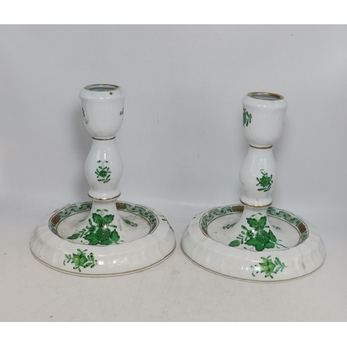 235 - A Pair of Herend Candlesticks in Chinese Bouquet Apponyi Green Pattern H16cm plus Heart shaped trink... 