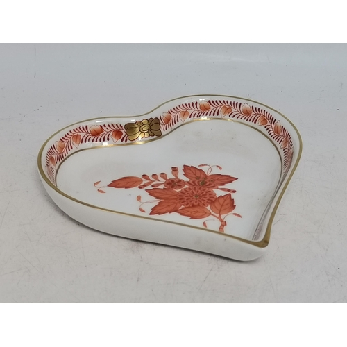 235 - A Pair of Herend Candlesticks in Chinese Bouquet Apponyi Green Pattern H16cm plus Heart shaped trink... 