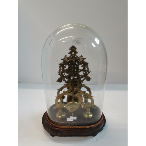 27 - Antique brass skeleton clock encased in glass dome on wooden base 36cm height