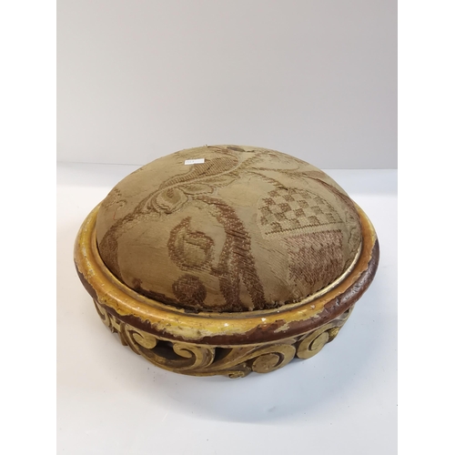 31 - Pair of antique ornate carved wooden footstools with upholstered tops in French style 32cm diamteter