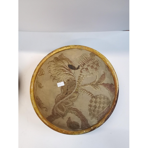 31 - Pair of antique ornate carved wooden footstools with upholstered tops in French style 32cm diamteter