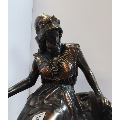 32 - Spelter figure with bronzed finish of warrior holding spear 57cm height