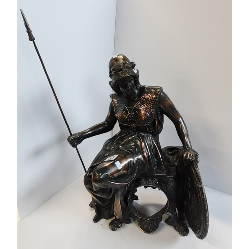 32 - Spelter figure with bronzed finish of warrior holding spear 57cm height