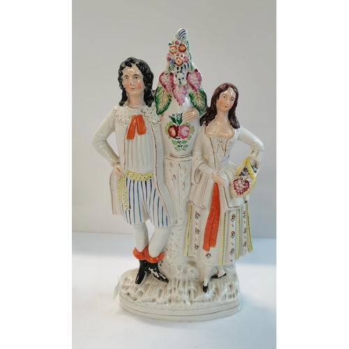 35 - Antique Victorian Staffordshire flatback figures - couple and figurine gentleman with dogs VGC