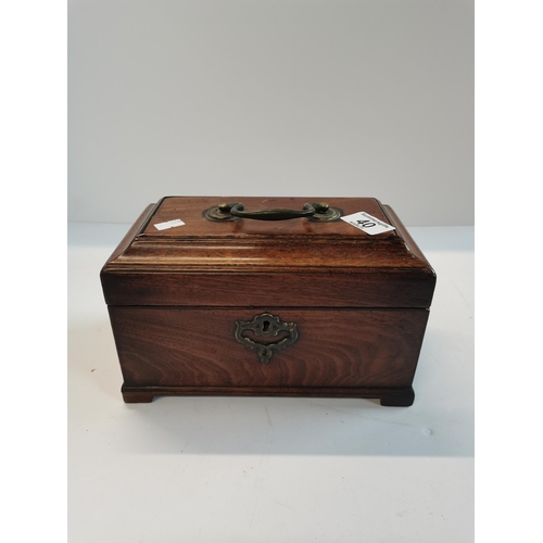 40 - Antique Georgian Mahogany tea caddy with bracket feet and key.  Three internal compartments 24cm x 1... 