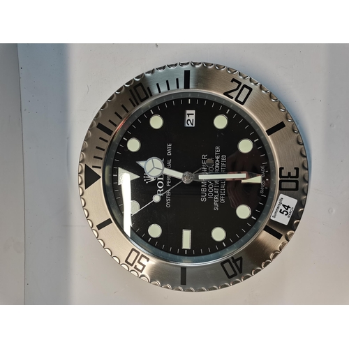 54 - Dealer Display Rolex Submariner style wall clock 34cm diameter