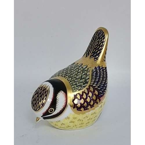 278 - x2 Crown Derby Blue Tit paperweights and Crown Derby Canary paperweight all with gold stoppers