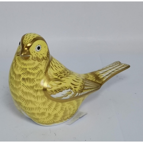 278 - x2 Crown Derby Blue Tit paperweights and Crown Derby Canary paperweight all with gold stoppers