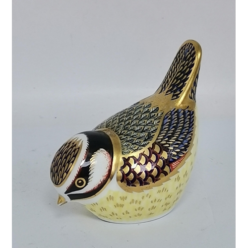 278 - x2 Crown Derby Blue Tit paperweights and Crown Derby Canary paperweight all with gold stoppers