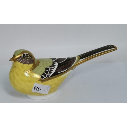 286 - Crown Derby Yellow Wagtail, Great Tit and Firecrest paperweights, all with silver stoppers