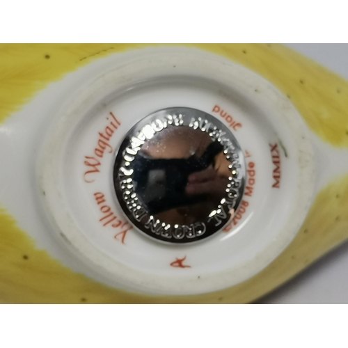 286 - Crown Derby Yellow Wagtail, Great Tit and Firecrest paperweights, all with silver stoppers