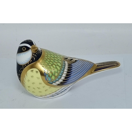286 - Crown Derby Yellow Wagtail, Great Tit and Firecrest paperweights, all with silver stoppers