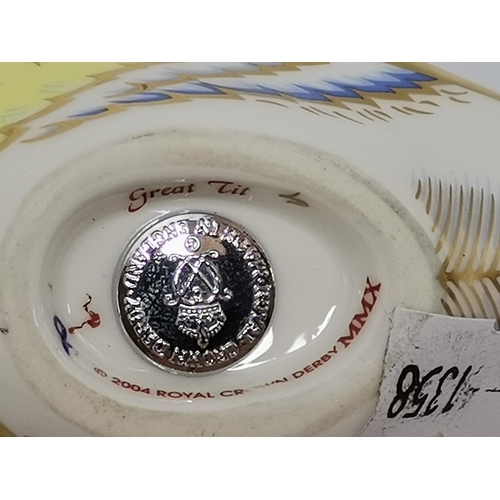 286 - Crown Derby Yellow Wagtail, Great Tit and Firecrest paperweights, all with silver stoppers