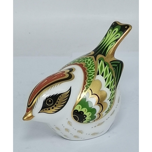 286 - Crown Derby Yellow Wagtail, Great Tit and Firecrest paperweights, all with silver stoppers