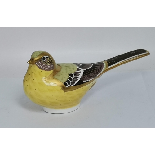 287 - Crown Derby Yellow Wagtail and Crown Derby Coaltit paperweights both with silver stoppers