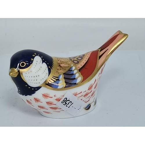 287 - Crown Derby Yellow Wagtail and Crown Derby Coaltit paperweights both with silver stoppers