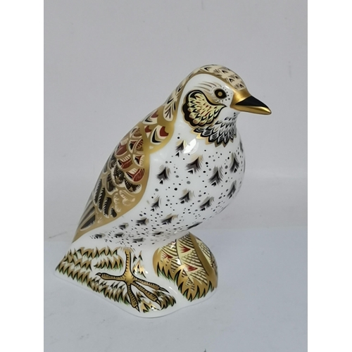 289 - Crown Derby Violet Budgerigar and Crown Derby Song Thrush paperweights both with gold stoppers