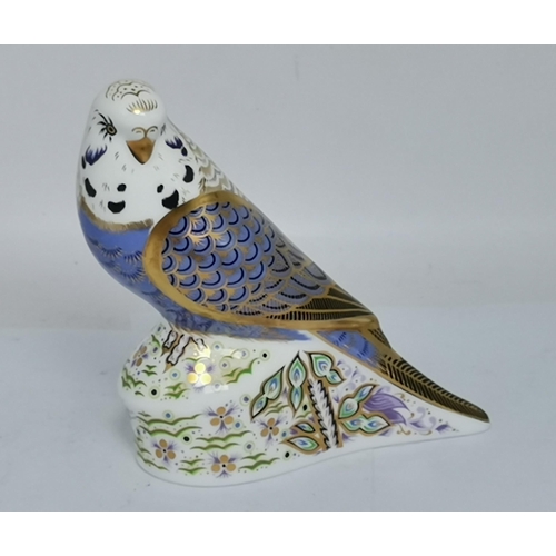 289 - Crown Derby Violet Budgerigar and Crown Derby Song Thrush paperweights both with gold stoppers