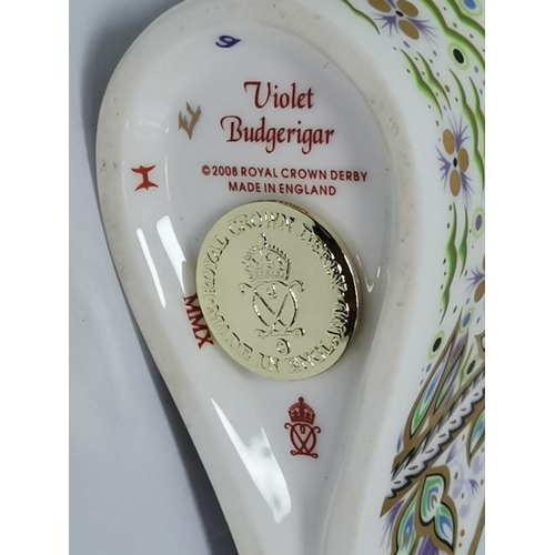 289 - Crown Derby Violet Budgerigar and Crown Derby Song Thrush paperweights both with gold stoppers