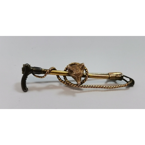 589 - Four assorted 9 carat gold bar brooches, comprising a fox mask and riding crop; a mother-of-pearl di... 
