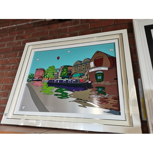 An Original Dylan Izaak 'Nottingham Waterways' painted on brushed aluminium signed bottom left with COA 100cm x 80cm in high gloss white frame
