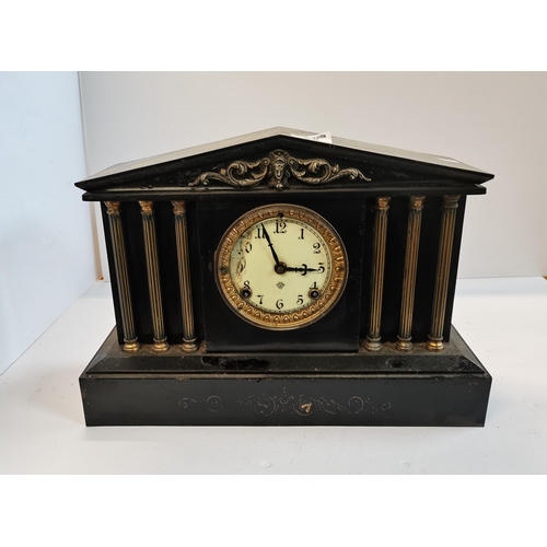 23 - Antique ebonized Victorian mantel clock with pillar supports By Ansonia clock company 41cm width H 3... 