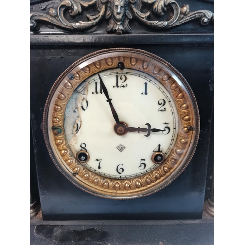 23 - Antique ebonized Victorian mantel clock with pillar supports By Ansonia clock company 41cm width H 3... 