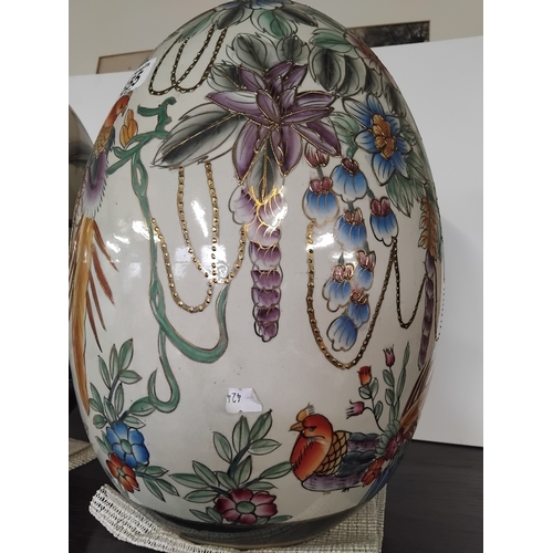 6 - A pair vintage large porcelain egg figurines 'Satsuma style' with highly decorated floral and bird f... 