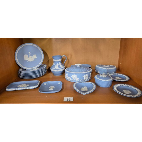 95 - A Collection of Blue Wedgwood Jasperware - including lidded trinket boxes, plates, jug etc (17)