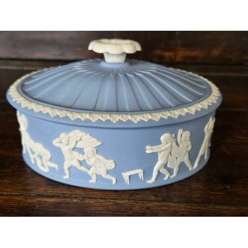95 - A Collection of Blue Wedgwood Jasperware - including lidded trinket boxes, plates, jug etc (17)