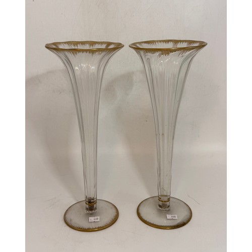 239 - A Pair of Antique Glass Lily Vases with ribbed elongated neck and gilt edge decoration H36cm
