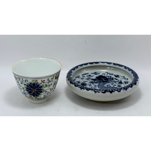 247 - A Chinese Doucai Bowl with six character marks to base D8cm plus Blue and White Dragon bowl mark on ... 